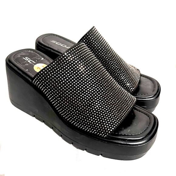 Soda Black Rhinestone Bling Chunky Wedge Open Toe Sandals Womens 11 - Picture 1 of 8